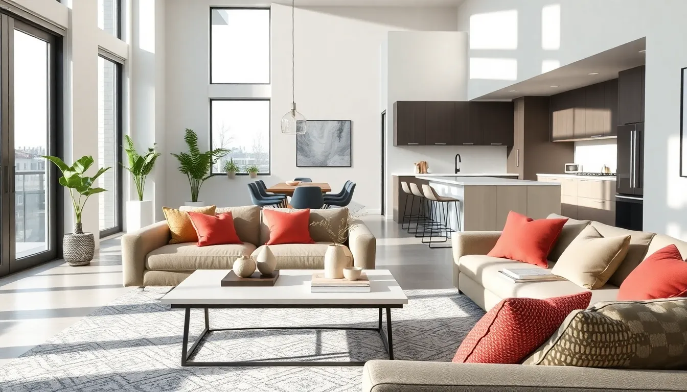 open concept townhouse interior with stylish multifunctional furniture.