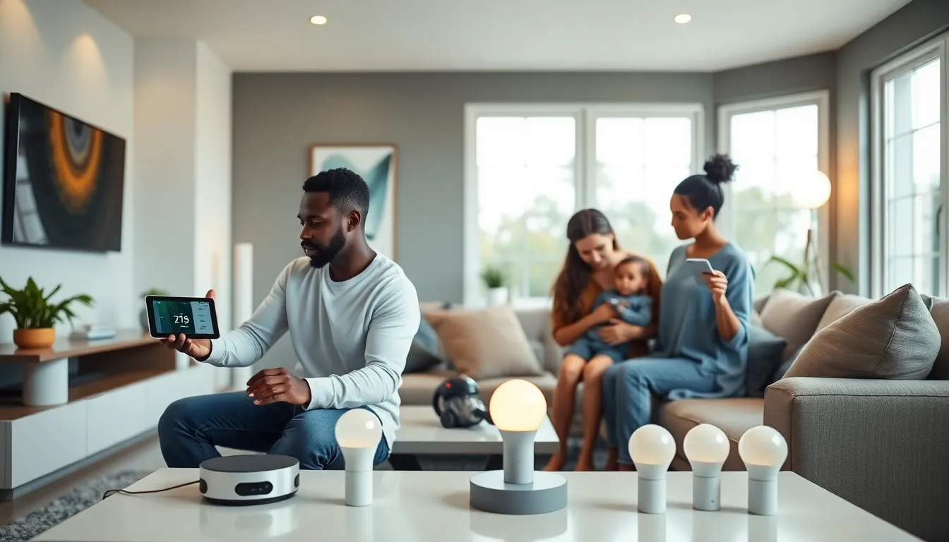 family using smart home devices in a modern living room.