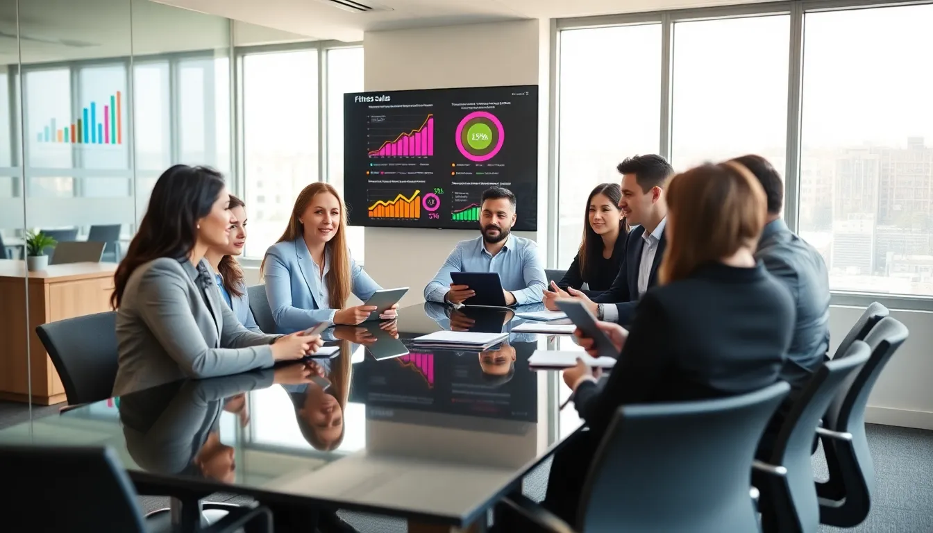 diverse fitness sales team discussing strategies in a modern office.