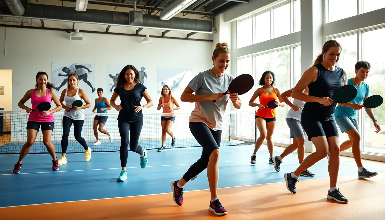 diverse group training in a bright fitness studio for pickleball.
