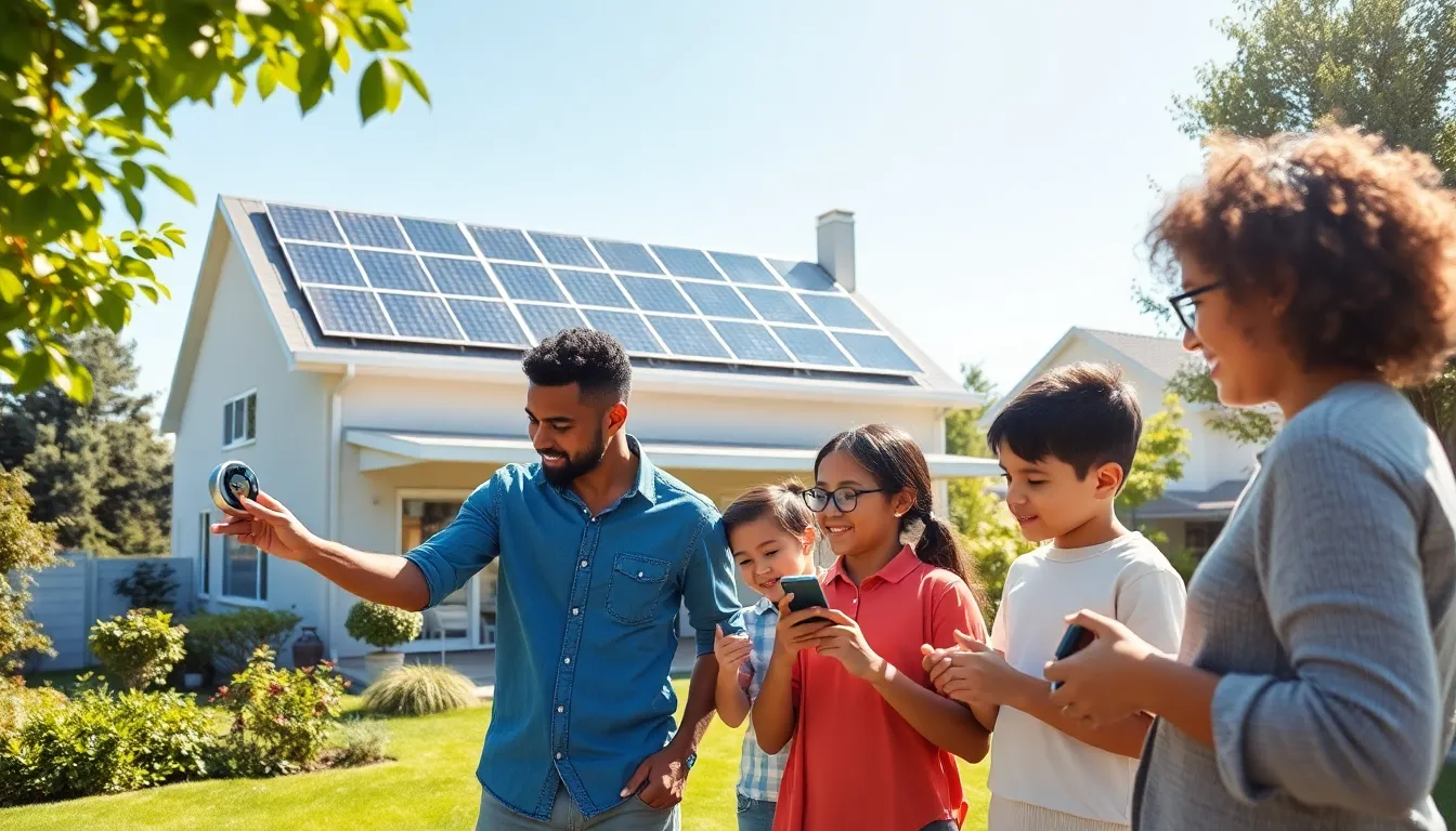 family interacting with smart devices in a solar-powered home.
