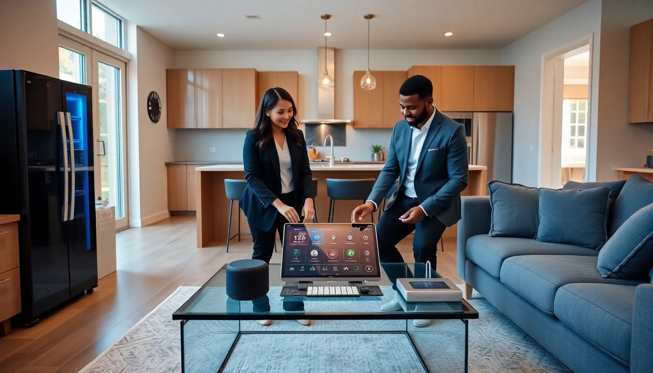 diverse group discussing smart home technology in a modern living room.