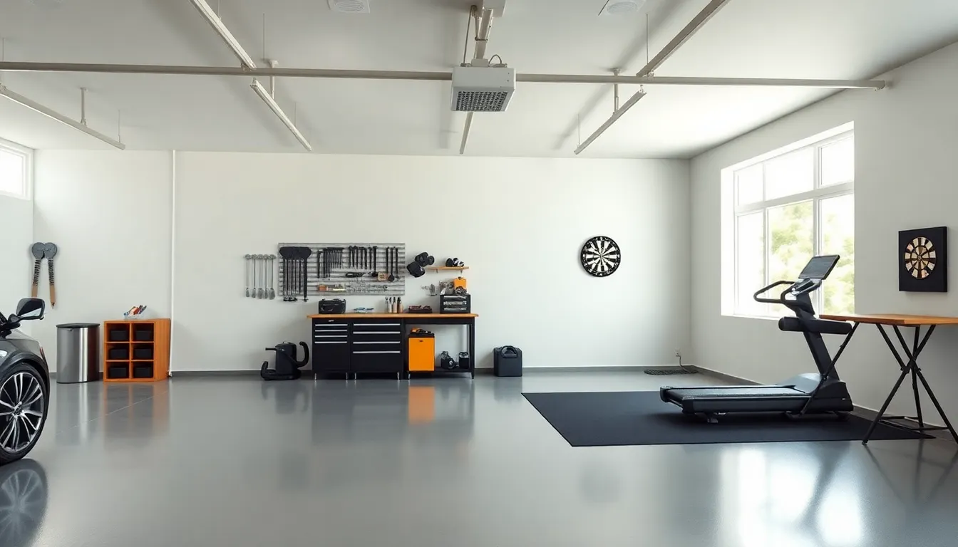 modern garage with gym, workshop, and game area.