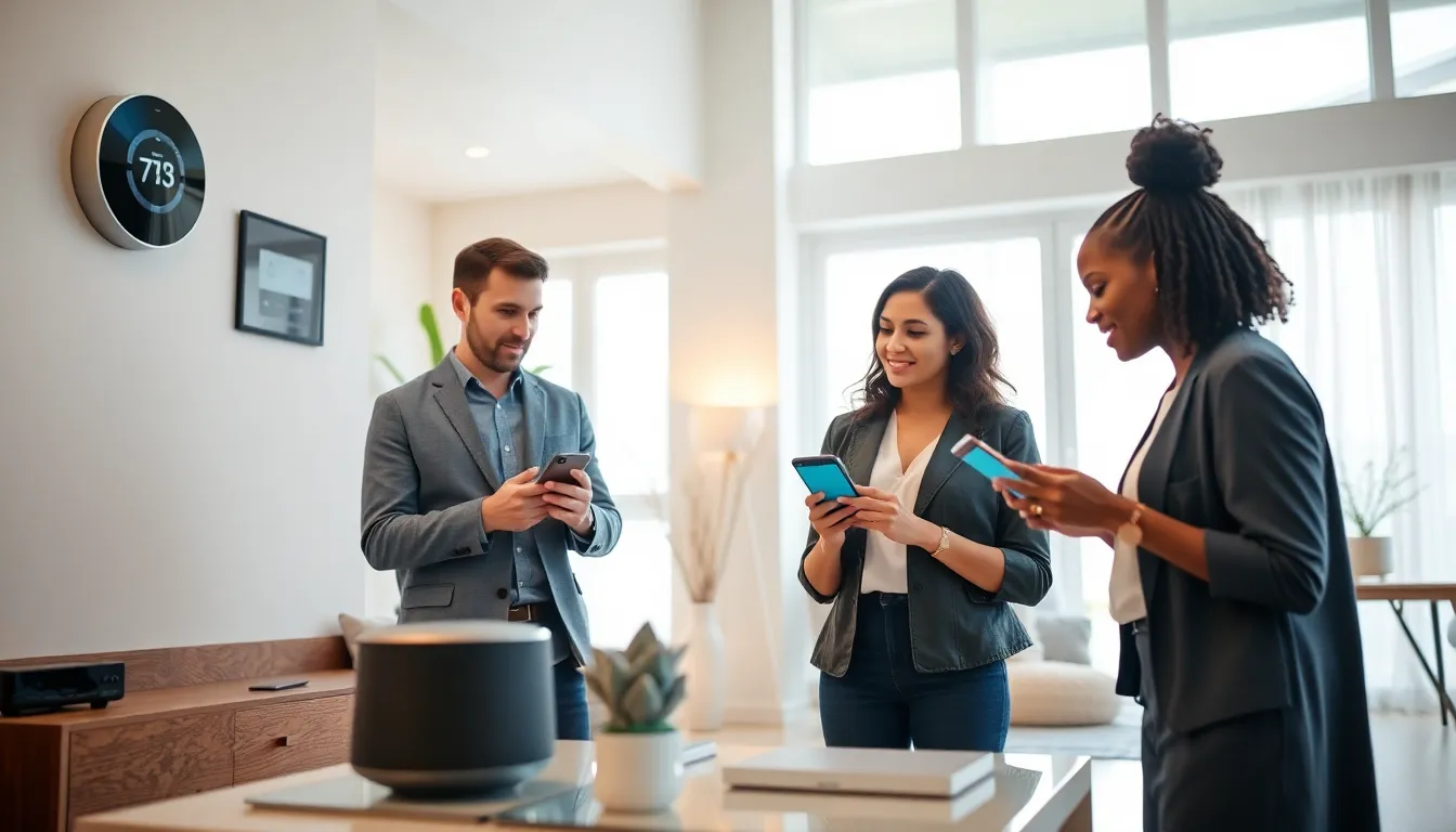 diverse group discussing smart home technology in a modern living room.