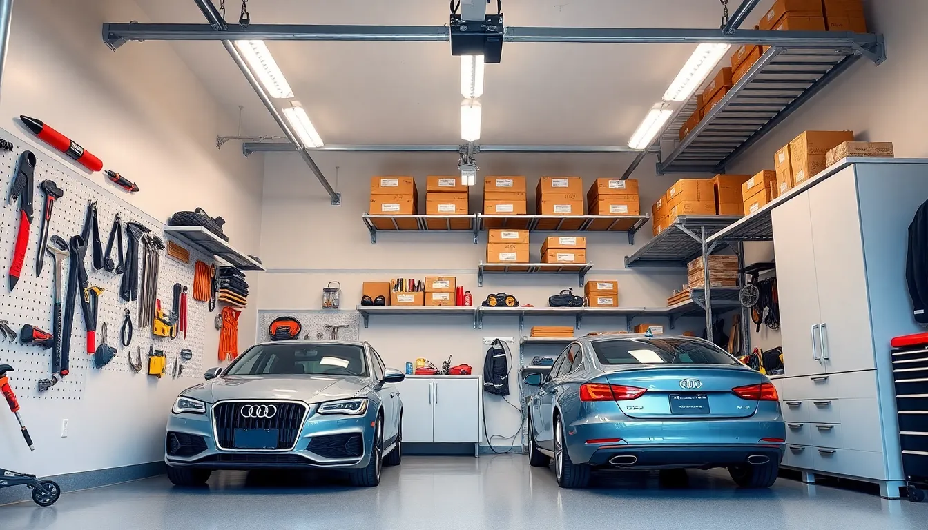 modern two-car garage with organized storage solutions and built-in cabinetry.