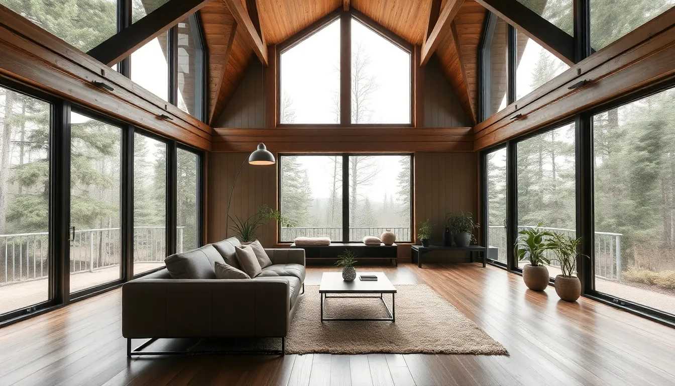 modern cabin interior with large windows and minimalist furnishings.