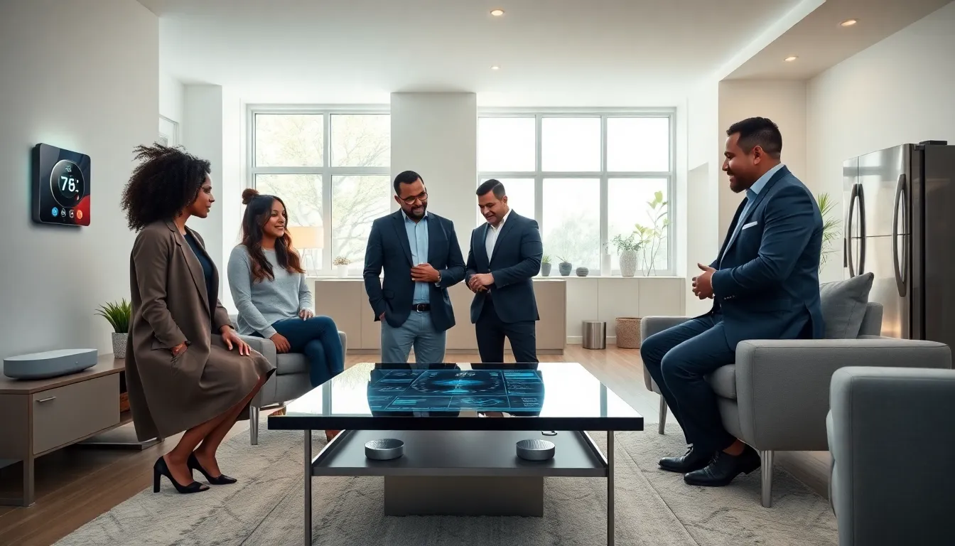 diverse professionals discussing smart home technologies in a modern living room.