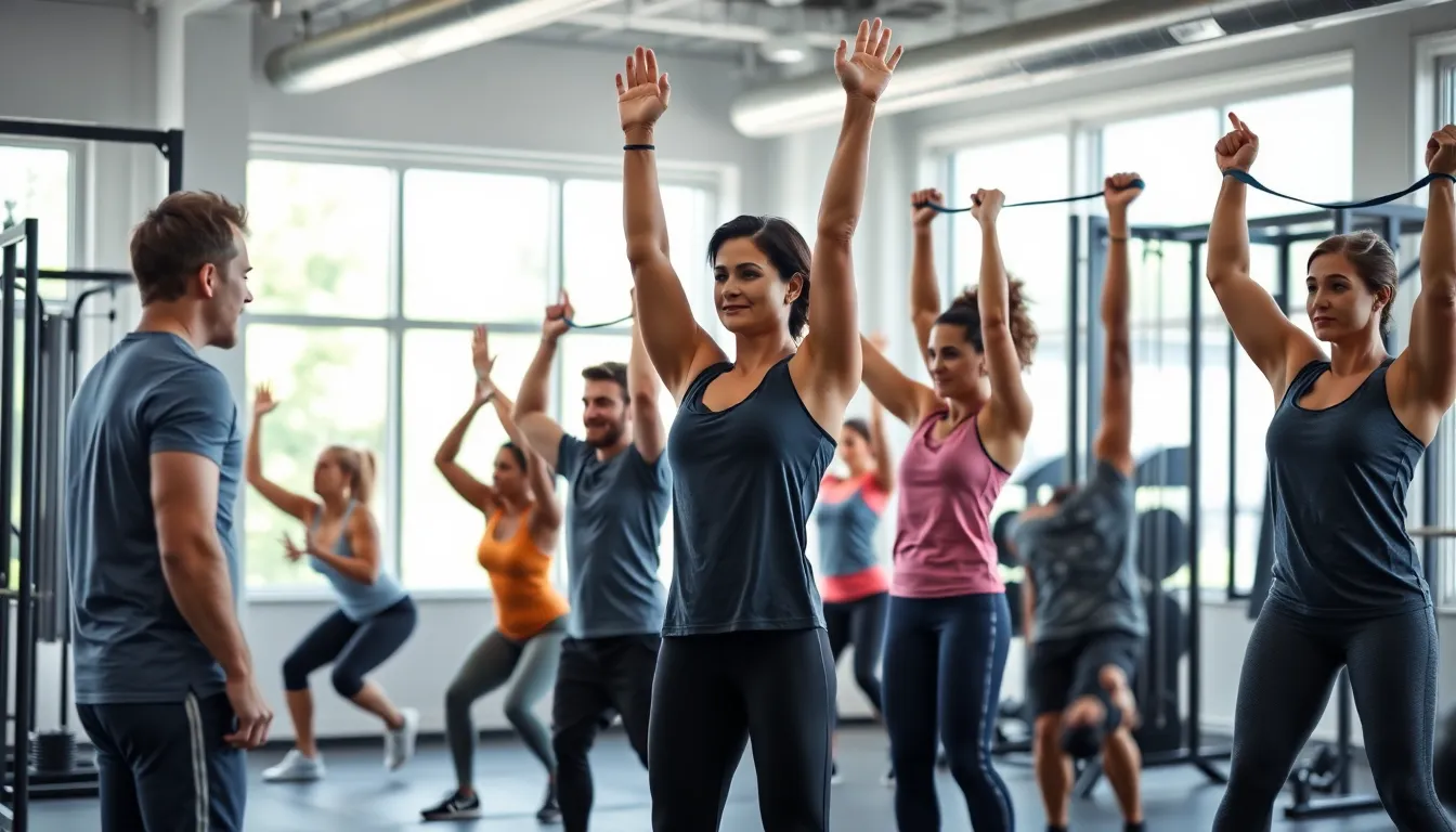 diverse group exercising in a functional fitness training program.
