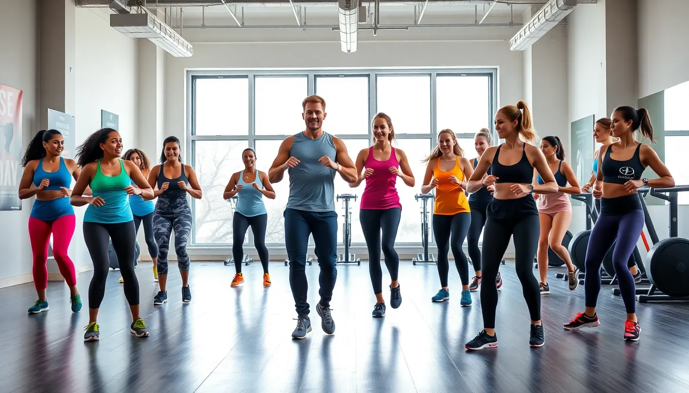 diverse group engaging in a dynamic fitness class.