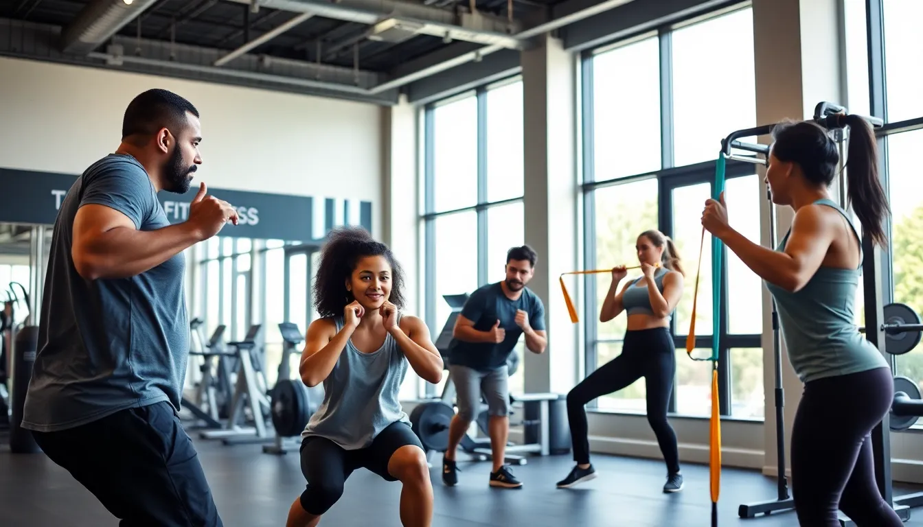 diverse group training in a modern LA Fitness gym.